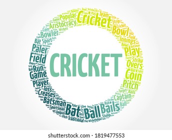 Cricket is a popular team sport played with a bat and ball, word cloud concept background