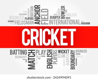 Cricket is a popular team sport played with a bat and ball, word cloud concept background