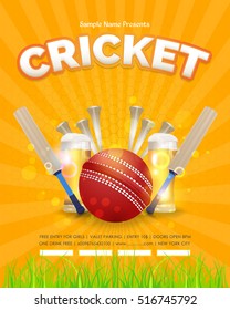 Cricket Poster Event Info Postcard Design and Sports Ad Web Banner or Vertical Card Template, Cricketer Ball and Stick Illustration. Sports Vector Background