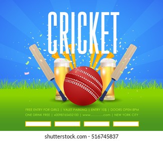 Cricket Poster Event Info Postcard Design and Sports Ad Web Banner or Horizontal Card Template, Cricketer Ball and Stick Illustration. Sports Vector Background