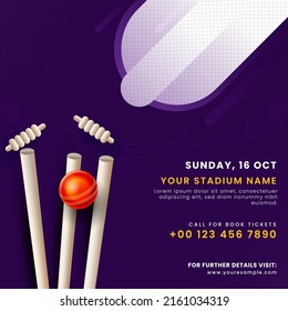 Afiche De Cricket O Diseño De Plantilla Con La Borrosa Copa De Trofeos De Plata En Fondo Morado.