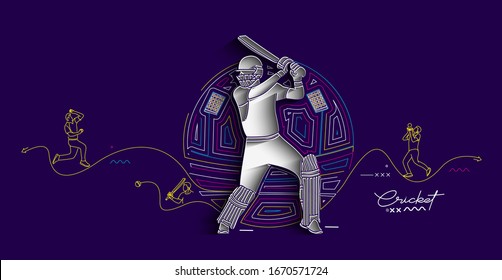 Cricket rainbow flat line banner batsman championship background. Use for cover, poster, template, brochure, decorated, flyer, banner.