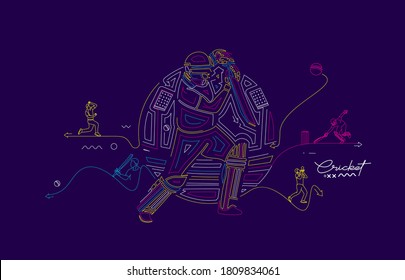 Cricket rainbow flat line banner batsman championship background. Use for cover, poster, template, brochure, decorated, flyer, banner.