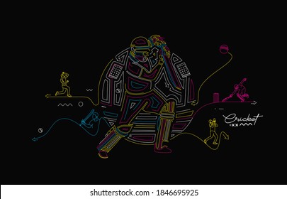Cricket rainbow flat line banner batsman championship background. Use for cover, poster, template, brochure, decorated, flyer, banner.