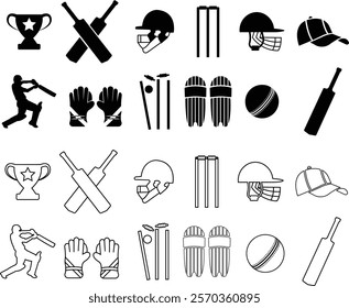 Cricket related icon set. Cricket game vector collection isolated on transparent background. Ball, Bat, gloves, best man, helmet, wicket, cup trophy and cap or more elements. Sports sign for web app