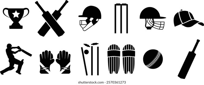 Cricket related icon set. Cricket game vector collection isolated on transparent background. Ball, Bat, gloves, best man, helmet, wicket, cup trophy and cap or more elements. Sports sign for web app