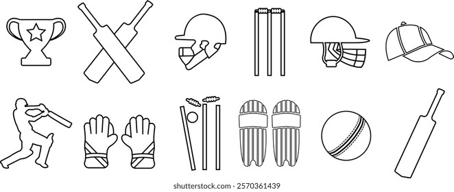 Cricket related icon set. Cricket game vector collection isolated on transparent background. Ball, Bat, gloves, best man, helmet, wicket, cup trophy and cap or more elements. Sports sign for web app