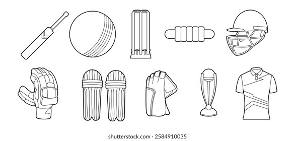 Cricket related object outline vector set illustration