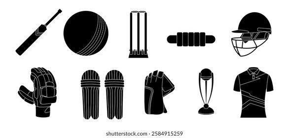 Cricket related object silhouette vector set illustration