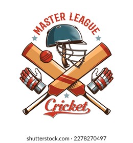 Cricket Retro Logo with Helmet, Bat and Ball. Vector image