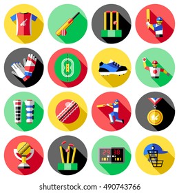 Cricket round colored isolated icon set with equipment for playing in this sport vector illustration