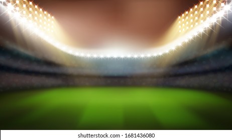 Cricket Or Rugby Stadium With Bright Lights Vector. Blurred Empty Stadium With Green Grass, Tribunes For Game Watching And Lighting Bright Lamps. Sport Field Mockup Realistic 3d Illustration
