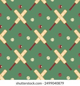 Cricket seamless pattern. Cricket balls and bats repeat cover. Sport game equipment continuous background. Vector hand drawn flat illustration.