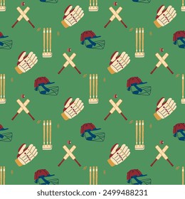 Cricket seamless pattern. Helmet, wicket bails and bats with balls endless background. Outdoor activity repeat cover. Sport equipment continuous ornament. Vector hand drawn flat illustration.