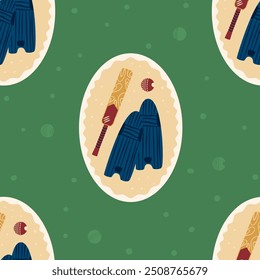 Cricket seamless pattern. Oval badge with bat, leg pads and ball endless background. Sticker repeat cover. Sport game equipment continuous ornament. Vector hand drawn flat illustration.