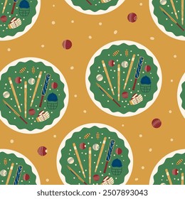 Cricket seamless pattern. Round stickers endless background. Bat, leg pads and helmet with ball repeat cover. Sport game equipment continuous ornament. Vector hand drawn flat illustration.