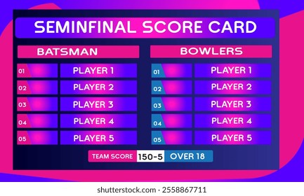 Cricket semi final scorecard game leaderboard with abstract background vector