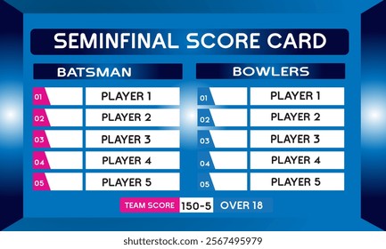 Cricket semi final scorecard game leaderboard with abstract background vector