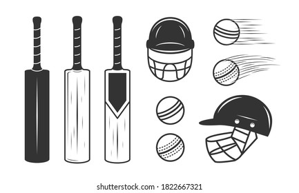 Cricket set isolated on white background. Cricket bat, ball and helmet. Cricket design elements for logo, label, badge, poster. Vector illustration