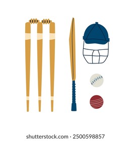 Cricket set. Sport equipment. Bat, ball and wickets with helmet kit. Vector hand drawn flat collection illustration isolated on white background.