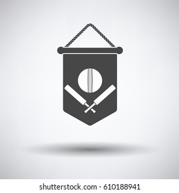 Cricket shield emblem icon on gray background, round shadow. Vector illustration.