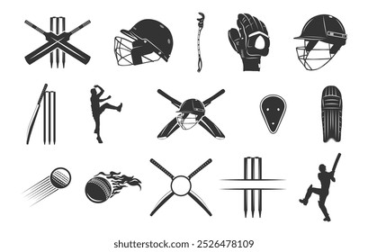 Cricket silhouette, Cricket bat, ball, stump player silhouette, Cricket silhouette bundle, Cricket sports equipment silhouette.