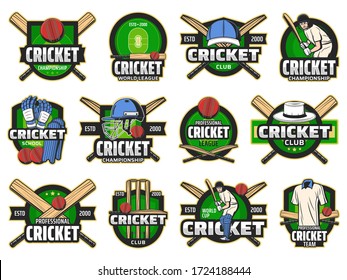Cricket sport club and team icons. Cricket sport player equipment bats and red balls, field and helmet for professional game. Emblems and championship cup vector icons