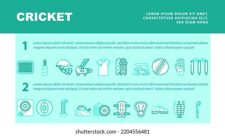Cricket Sport Game Accessory landing web page header vector. Cricket Ball And Bat, Grid And Sidearm Equipment, Player Protective Helmet And Leg Protect Bandage, Sweater And Boot. Color Illustrations
