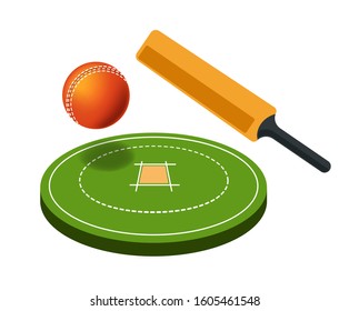 Cricket sport game field and sporting items, bat and ball