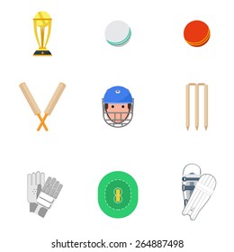 Cricket sport game icons set with protective leg guard and helmet and trophy abstract isolated vector illustration