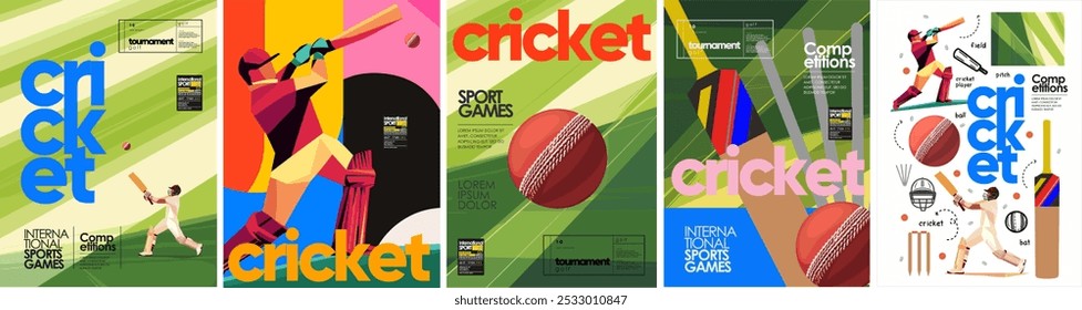 Cricket. Sport game. Vector illustration of player man batting, sportsman, field, ball, bat, icon for poster, invitation, background, flyer or cover