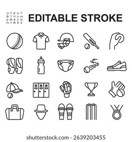 Cricket sport game vector line icons set. Contains such icons as ball, bat, wicket, helmet, batting gloves. Thin line style vector.