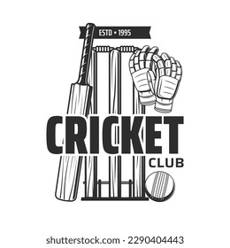 Cricket sport items icon. Cricket club or team monochrome vector emblem or sign with game equipment. Sport league tournament and championship symbol with wooden bat, ball, wicket and gloves