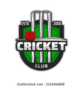Cricket sport items vector icon of ball with batsman bat and wicket with wood stumps and bails. Cricket game team equipment on green shield badge, sport club emblem, championship league match design