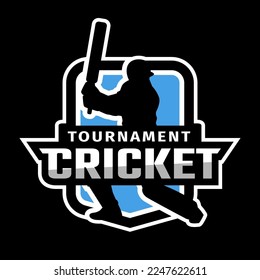 Cricket sport logo with player silhouette on a dark background. 