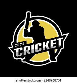 Cricket sport logo with player silhouette on a dark background.