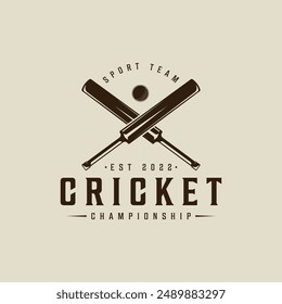 Diseño gráfico vintage de la Plantilla de la Ilustración vectorial del logotipo del deporte del cricket. palos y rótulo de la bola o símbolo para el club o el equipo para la liga del torneo con el estilo retro de la tipografía