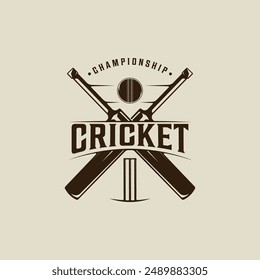 Diseño gráfico vintage de la Plantilla de la Ilustración vectorial del logotipo del deporte de cricket. palos de wickets y rótulo de la bola o símbolo para el club o el equipo para la liga del torneo con estilo de tipografía retro