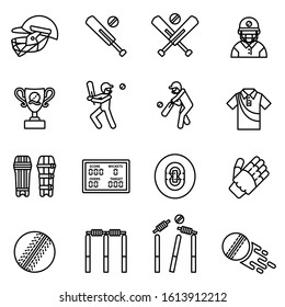 cricket sport and recreation icons set with white background. Thin line style stock vector.