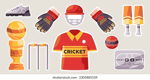 Cricket sport tournament championship object icon collection set illustration sticker style helmet club to glove shirt and helmet