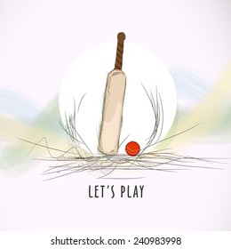 Cricket sports concept with bat and ball on abstract pink background.