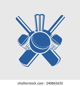 Cricket sports concept with bats, ball, wicket stumps and helmets on grey background.