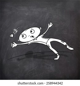 Cricket sports concept with cartoon of a boy trying to catch the ball on chalkboard background.