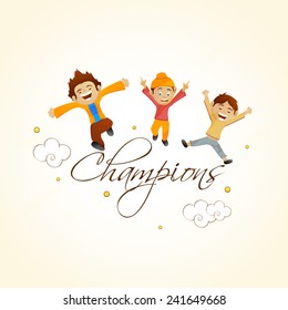 Cricket sports concept with cute happy kids and stylish text Champions. 