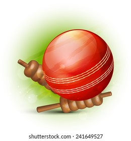 Cricket sports concept with glossy red ball and bails on green background.