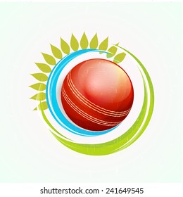 Cricket sports concept with glossy red ball and green leaves on sky blue background.