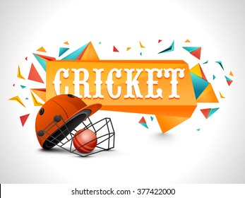 Cricket Sports concept with illustration of batsman helmet and glossy ball on abstract grey background.