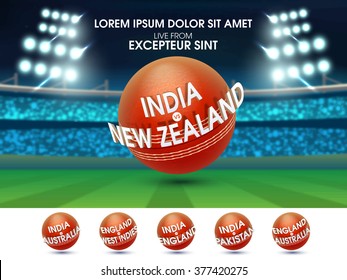 Cricket Sports concept with illustration of participant countries names on creative balls in stadium lights.