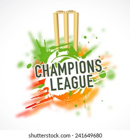 Kricketsportkonzept mit Weidenstumps, Bails und Text Champions League auf Farbspritzer Hintergrund.