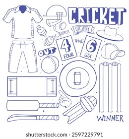 Cricket Sports Doodle Illustrations. hand drawn cricket scribbles vector. cricket doodle art vector